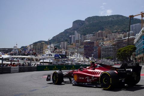 Ferrari driver Carlos Sainz of Spain steers his car during the first free practice at the Monaco racetrack, in Monaco, Friday, May 27, 2022. The Formula one race will be held on Sunday. (AP Photo/Daniel Cole)