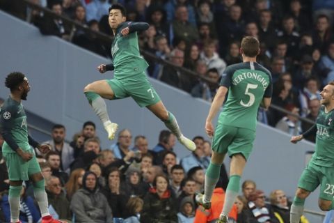 Tottenham Hotspur forward Son Heung-Min celebrates his side's first goal during the Champions League quarterfinal, second leg, soccer match between Manchester City and Tottenham Hotspur at the Etihad Stadium in Manchester, England, Wednesday, April 17, 2019. (AP Photo/Jon Super)