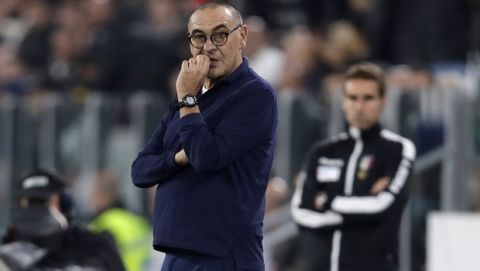 Juventus' head coach Maurizio Sarri gestures during a Serie A soccer match between Juventus and Bologna, at the Allianz stadium in Turin, Italy, Saturday, Oct.19, 2019. (AP Photo/Luca Bruno)