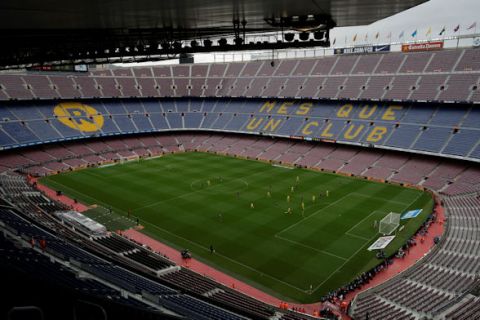 FILE - In this Sunday, 1 Oct. 2017 file photo Spanish La Liga soccer match between Barcelona and Las Palmas is played at the Camp Nou stadium in Barcelona, Spain. (AP Photo/Manu Fernandez, File)