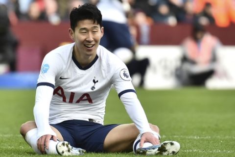 Tottenham's Son Heung-min reacts during the English Premier League soccer match between Aston Villa and Tottenham Hotspur at Villa Park in Birmingham, England, Sunday, Feb. 16, 2020. (AP Photo/Rui Vieira)
