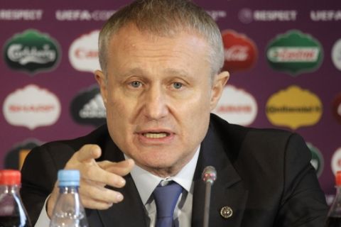 Grygoriy Surkis, head of the Ukrainian soccer federation, speaks during a press conference prior to the Final Draw for the Euro 2012 soccer tournament in Kiev, Ukraine, Friday, Dec. 2, 2011. (AP Photo/Efrem Lukatsky)