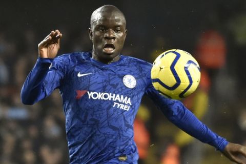 Chelsea's N'Golo Kante during the English Premier League soccer match between Manchester City and Chelsea at Etihad stadium in Manchester, England, Saturday, Nov. 23, 2019. (AP Photo/Rui Vieira)