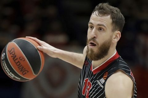 Olimpia Milan's Sergio Rodriguez goes for a basket during the Euro League basketball match between Olimpia Milan and Alba Berlin , in Milan, Italy, Tuesday, Feb. 4, 2020. (AP Photo/Luca Bruno)