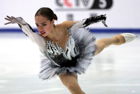 Alina Zagitova of Russia competes in the Ladies Short Program during the Audi Cup of China ISU Grand Prix of Figure Skating 2017 at the Capital Gymnasium in Beijing, Friday, Nov. 3, 2017. (AP Photo/Mark Schiefelbein)