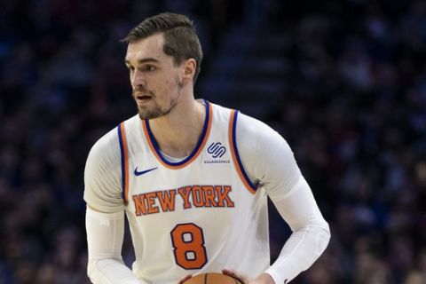 New York Knicks' Mario Hezonja, of Croatia, in action during the first half of an NBA basketball game against the Philadelphia 76ers, Wednesday, Nov. 28, 2018, in Philadelphia. The 76ers won 117-91. (AP Photo/Chris Szagola)