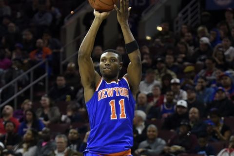 New York Knicks' Cleanthony Early is seen during an NBA basketball game against the New York Knicks, Friday, April 8, 2016, in Philadelphia. (AP Photo/Michael Perez)