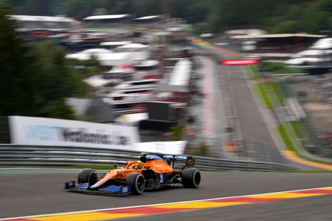 Mclaren driver Lando Norris of Britain steers his car during the second practice session prior to the Formula One Grand Prix at the Spa-Francorchamps racetrack in Spa, Belgium, Friday, Aug. 27, 2021. The Belgian Formula One Grand Prix will take place on Sunday. (AP Photo/Francisco Seco)
