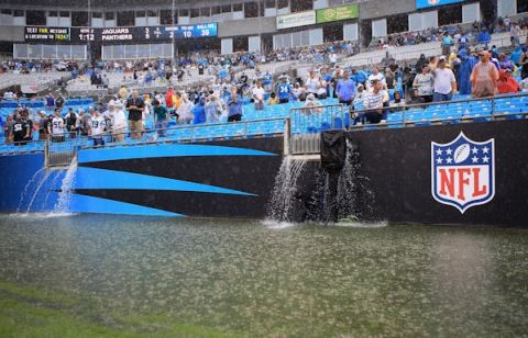 CHARLOTTE, NC - SEPTEMBER 25:  Rain falls on the field during the game between the Carolina Panthers and Jacksonville Jaguars at Bank of America Stadium on September 25, 2011 in Charlotte, North Carolina.  (Photo by Streeter Lecka/Getty Images)