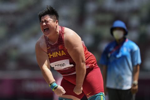 Lijiao Gong, of China, reacts during the woman's shot put final at the 2020 Summer Olympics, Sunday, Aug. 1, 2021, in Tokyo. (AP Photo/Petr David Josek)
