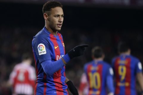 FC Barcelona's Neymar celebrates after scoring a penalty during a Copa del Rey, 16 round, second leg, between FC Barcelona and Athletic Bilbao at the Camp Nou in Barcelona, Spain, Wednesday, Jan. 11, 2017. (AP Photo/Manu Fernandez)
