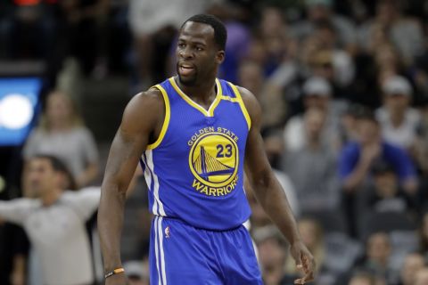Golden State Warriors' Draymond Green (23) reacts to play against the San Antonio Spurs during the first half in Game 4 of the NBA basketball Western Conference finals, Monday, May 22, 2017, in San Antonio. (AP Photo/Eric Gay)