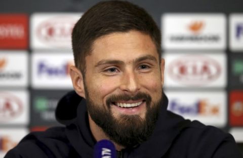 Chelsea's Olivier Giroud attends a press conference at Cobham Training Centre, Stoke D'Abernon, Wednesday, Nov. 28, 2018. Chelsea play PAOK in an Europa League group stage soccer match on Thursday. (John Walton/PA via AP)