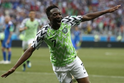 Nigeria's Ahmed Musa celebrates after scoring his team's second goal during the group D match between Nigeria and Iceland at the 2018 soccer World Cup in the Volgograd Arena in Volgograd, Russia, Friday, June 22, 2018. (AP Photo/Darko Vojinovic)