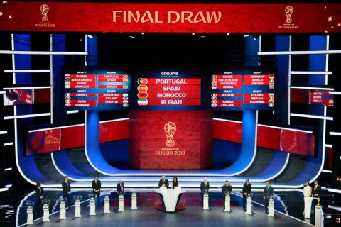 Group B is displayed during the 2018 soccer World Cup draw in the Kremlin in Moscow, Friday, Dec. 1, 2017. (AP Photo/Ivan Sekretarev)