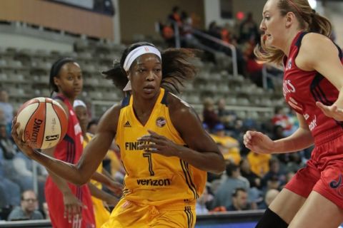 INDIANAPOLIS, IN - MAY 02:  Victoria Macaulay #7 of the Indiana Fever drives to the basket against the Washington Mystics  on May 2, 2017 at Indiana Farmers Coliseum in Indianapolis, Indiana. NOTE TO USER: User expressly acknowledges and agrees that, by downloading and/or using this Photograph, user is consenting to the terms and conditions of the Getty Images License Agreement. Mandatory Copyright Notice: Copyright 2017 NBAE (Photo by Ron Hoskins/NBAE via Getty Images)