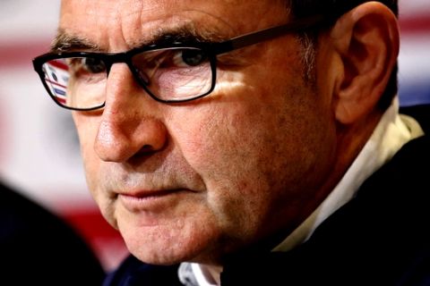 Ireland soccer coach Martin O'Neill speaks during a press conference at Parken stadium in Copenhagen, Denmark, Friday, Nov. 10, 2017. Denmark will host the first of two World Cup qualifying play-off matches between Denmark and Ireland on Saturday. (Jens Dresling/Ritzau Foto via AP) DENMARK OUT