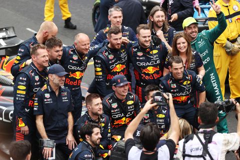 MONTE-CARLO, MONACO - MAY 28: Race winner Max Verstappen of the Netherlands and Oracle Red Bull Racing celebrates with his team after the F1 Grand Prix of Monaco at Circuit de Monaco on May 28, 2023 in Monte-Carlo, Monaco. (Photo by Ryan Pierse/Getty Images)