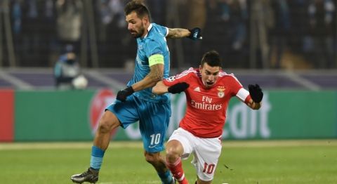 "Zenit's Portuguese midfielder Danny (L) vies for the ball with Benfica's Argentinian midfielder Nicolas Gaitan during the second-leg round of 16 UEFA Champions League football match FC Zenit vs SL Benfica at the Petrovsky stadium in St. Petersburg on March 9, 2016. AFP PHOTO / KIRILL KUDRYAVTSEV / AFP / KIRILL KUDRYAVTSEV        (Photo credit should read KIRILL KUDRYAVTSEV/AFP/Getty Images)"