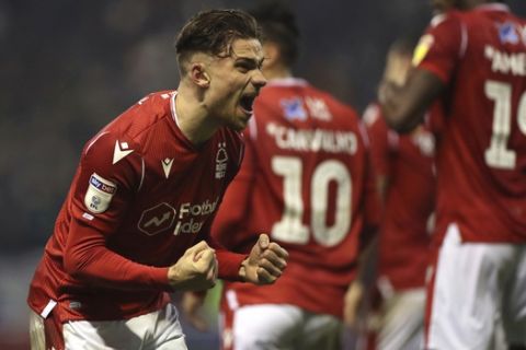 Nottingham Forest's Matty Cash celebrates after his side scored the first goal against Reading during a Sky Bet Championship soccer match at the City Ground in Nottingham Wednesday, Jan. 22, 2020.  (Bradley Collyer/PA via AP)( / PA via AP)