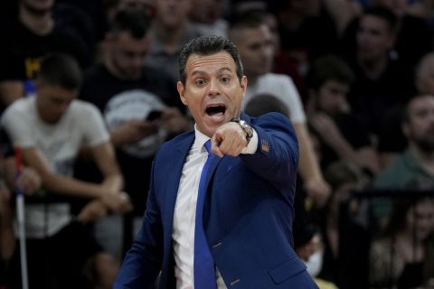 Greece's coach Dimitrios Itoudis reacts during their FIBA Basketball World Cup 2023 European qualifiers match between Serbia and Greece, in Belgrade, Serbia, Thursday, Aug. 25, 2022. (AP Photo/Darko Vojinovic)