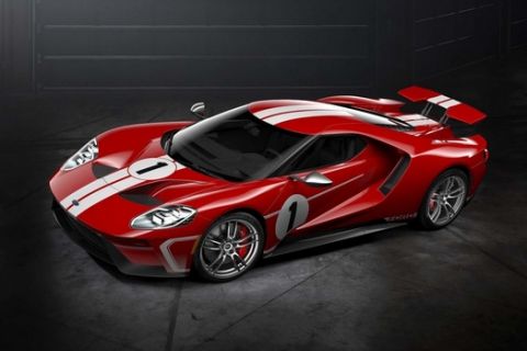 Ford GT 67 Heritage edition with unique red-and-white-stripe livery celebrates 1967 Le Mans-winning GT40 Mark IV race car driven by all-American team of Dan Gurney and A.J. Foyt