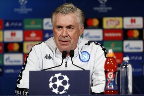 Napoli coach Carlo Ancelotti gives a press conference, at the Parc des Princes stadium in Paris, Tuesday, Oct. 23, 2018. PSG will play against Napoli in a Champions League group C Champions League soccer match on Wednesday. (AP Photo/Thibault Camus)