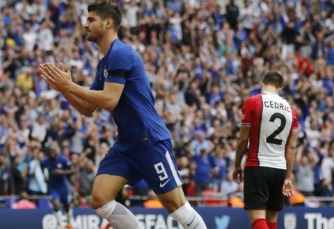 Chelsea's Alvaro Morata celebrates after scoring his side second goal during the English FA Cup semifinal soccer match between Chelsea and Southampton at the Wembley stadium in London, Sunday, April 22, 2018. (AP Photo/Frank Augstein)