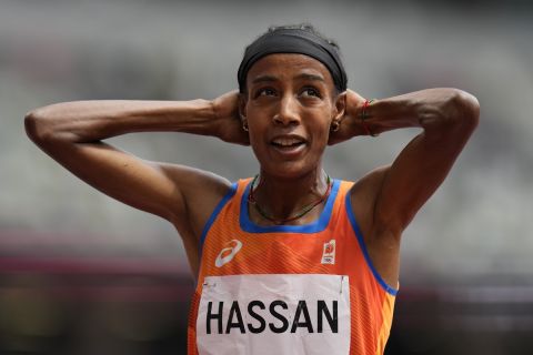 Sifan Hassan, of Netherlands, reacts after winning her heat of the women's 1,500-meters at the 2020 Summer Olympics, Monday, Aug. 2, 2021, in Tokyo. (AP Photo/Petr David Josek)