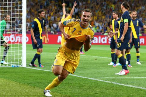 KIEV, UKRAINE - JUNE 11:  Andriy Shevchenko of Ukraine celebrates scoring their second goal during the UEFA EURO 2012 group D match between Ukraine and Sweden at The Olympic Stadium on June 11, 2012 in Kiev, Ukraine.  (Photo by Alex Livesey/Getty Images)