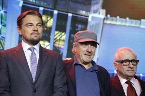 Film stars Leonardo DiCaprio, Robert De Niro and director Martin Scorsese pose for a photo during a launching ceremony of the Studio City project in Macau, Tuesday, Oct. 27, 2015. China's world-beating gambling hub is getting a taste of Hollywood glamor as its newest casino resort makes its debut on Tuesday with a glitzy grand opening that masks turmoil behind the scenes. (AP Photo/Kin Cheung)