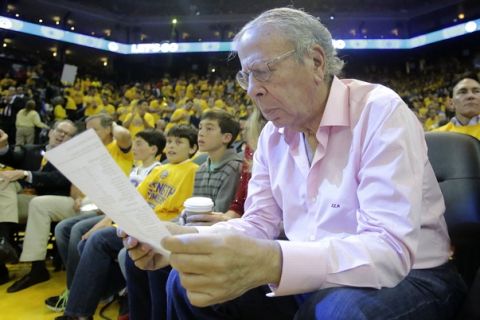 Houston Rockets owner Leslie Alexander during Game 2 of the NBA basketball Western Conference finals between the Golden State Warriors and the Houston Rockets in Oakland, Calif., Thursday, May 21, 2015. (AP Photo/Rick Bowmer)