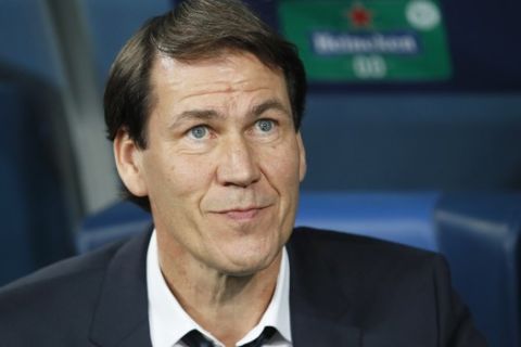Lyon's head coach Rudi Garcia is seen before the Champions League group G soccer match between Zenit St. Petersburg and Lyon at the Saint Petersburg stadium in St. Petersburg, Russia, Wednesday, Nov. 27, 2019. (AP Photo/Dmitri Lovetsky)