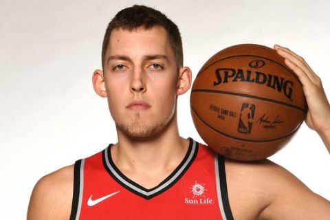TORONTO, CANADA - SEPTEMBER 25:  Kyle Wiltjer #33 of the Toronto Raptors poses for a portrait during Media Day on September 25, 2017 at the BioSteel Centre in Toronto, Ontario, Canada. NOTE TO USER: User expressly acknowledges and agrees that, by downloading and or using this Photograph, user is consenting to the terms and conditions of the Getty Images License Agreement. Mandatory Copyright Notice: Copyright 2017 NBAE (Photo by Ron Turenne/NBAE via Getty Images)