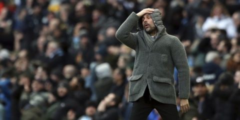 Manchester City manager Josep Guardiola reacts during the English Premier League soccer match between Manchester City and Chelsea at Etihad stadium in Manchester, England, Sunday, Feb. 10, 2019. (AP Photo/Jon Super)