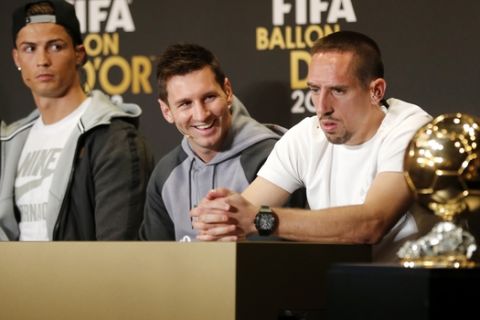 Real Madrid's Christiano Ronaldo of Portugal, FC Barcelona's Lionel Messi of Argentina, and Bayern Munich's Franck Ribery of France, from left, the three nominees for world  soccer player of the year, take part in a press conference prior to the FIFA Ballon d'Or 2013 Gala in Zurich, Switzerland, Monday, Jan. 13, 2014. (AP Photo/Michael Probst)