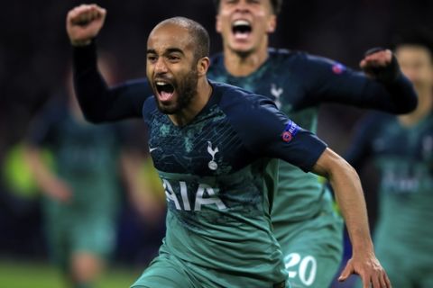 Tottenham's Lucas Moura celebrates after scoring his side's third goal during the Champions League semifinal second leg soccer match between Ajax and Tottenham Hotspur at the Johan Cruyff ArenA in Amsterdam, Netherlands, Wednesday, May 8, 2019. (AP Photo/Peter Dejong)