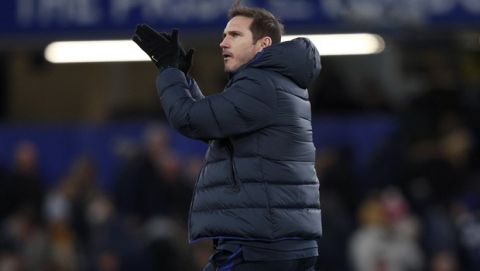 Chelsea's head coach Frank Lampard applauds at the end of an English FA Cup third round soccer match between Chelsea and Nottingham Forest at Stamford Bridge in London, Sunday, Jan. 5, 2020. Chelsea won 2-0. (AP Photo/Ian Walton)