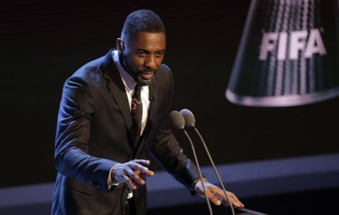 English actor Idris Elba speaks during The Best FIFA 2017 Awards at the Palladium Theatre in London, Monday, Oct. 23, 2017. (AP Photo/Alastair Grant)