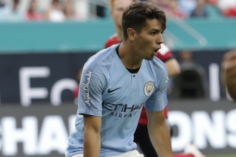 Manchester City's Brahim Diaz reacts during the first half of an International Champions Cup tournament soccer match against FC Bayern, Saturday, July 28, 2018, in Miami Gardens, Fla. (AP Photo/Lynne Sladky)