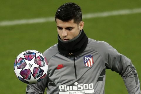 Atletico Madrid's Alvaro Morata during a practice session at Anfield, Liverpool, England, Tuesday March 10, 2020, ahead of their Champions League match against Liverpool on Wednesday. (Martin Rickett/PA via AP)