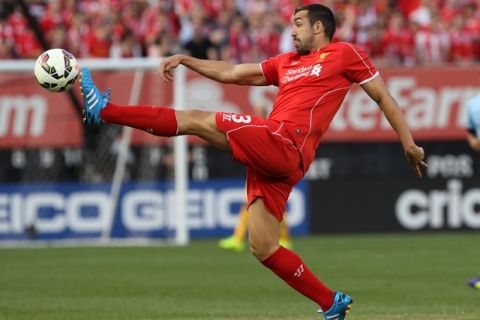 IMAGE DISTRIBUTED FOR GUINNESS INTERNATIONAL CHAMPIONS CUP - Defender Jose Enrique (3) plays the ball against Liverpool FC during the Guinness International Champions Cup on Wednesday, July 30, 2014 at the Yankee Stadium in Bronx, New York. (Adam Hunger/AP Images for Guinness International Champions Cup) 