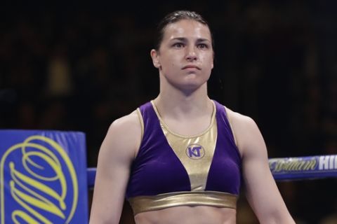 Ireland's Katie Taylor watis for the start of a women's lightweight championship boxing match against Delfine Persoon, of Belgium, Saturday, June 1, 2019, in New York. The fight ended in a draw. Taylor won the fight. (AP Photo/Frank Franklin II)