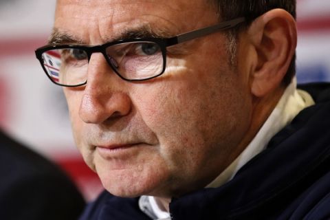 Ireland soccer coach Martin O'Neill speaks during a press conference at Parken stadium in Copenhagen, Denmark, Friday, Nov. 10, 2017. Denmark will host the first of two World Cup qualifying play-off matches between Denmark and Ireland on Saturday. (Jens Dresling/Ritzau Foto via AP) DENMARK OUT