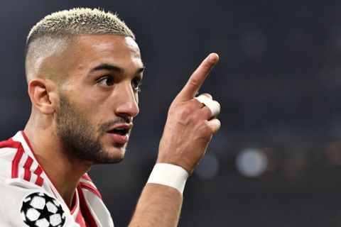 Ajax's Hakim Ziyech reacts during the Champions League semifinal second leg soccer match between Ajax and Tottenham Hotspur at the Johan Cruyff ArenA in Amsterdam, Netherlands, Wednesday, May 8, 2019. (AP Photo/Martin Meissner)