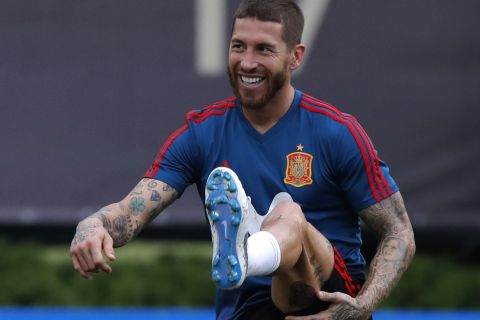 Spain's Sergio Ramos takes part during a training session of Spain at the 2018 soccer World Cup in Krasnodar, Russia, Sunday, June 17, 2018. (AP Photo/Manu Fernandez)
