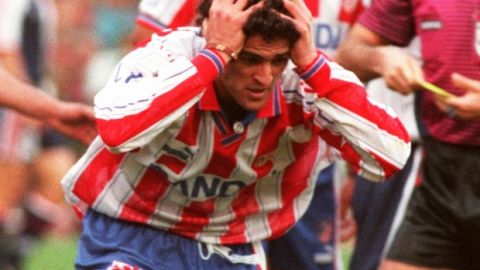 Kiko of league champions Atletico Madrid fails to understand a penalty decision not given in his favor during a league match against Atletic Bilbao in Madrid Sunday May 11, 1997. Kiko went on to score the winning goal as Atletico Madrid won 2-1  (AP Photo/Paul White)