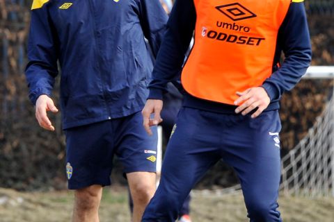 Sweden's football star Zlatan Ibrahimovic (R) and his team mate Danijel Majstorovic warm up during team's training session in Zagreb, on February 28, 2012 a day ahead of his team's friendly football match against Croatia. Sweden centre-back Daniel Majstorovic is expected to miss UEFA EURO 2012 after suffering a serious knee injury at the end of today's training session in Zagreb.   AFP PHOTO/ Hrvoje POLAN (Photo credit should read HRVOJE POLAN/AFP/Getty Images)