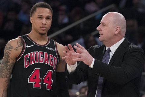 Chicago Bulls head coach Jim Boylen talks guard Brandon Sampson (44) during the first half of an NBA basketball game, Monday, April 1, 2019, at Madison Square Garden in New York. (AP Photo/Mary Altaffer)