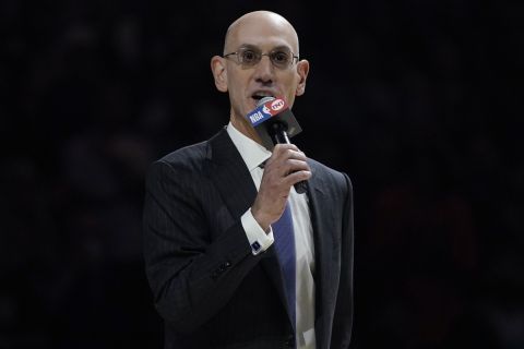 NBA Commissioner Adam Silver speaks during a ring ceremony before an NBA basketball game between the Milwaukee Bucks and the Brooklyn Nets, Tuesday, Oct. 19, 2021, in Milwaukee. (AP Photo/Morry Gash)